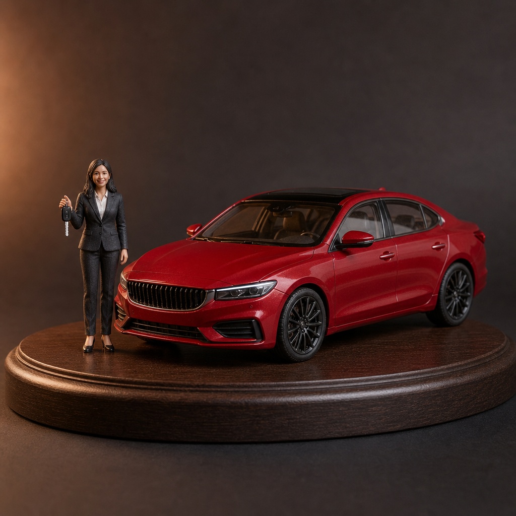 A custom figurine of a woman holding car keys beside a red sedan model.